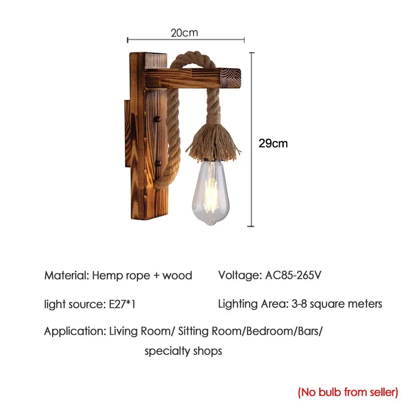 Afralia™ Wood Rope Wall Lamp Vintage Retro Light Bedroom E27 Bedside Decor