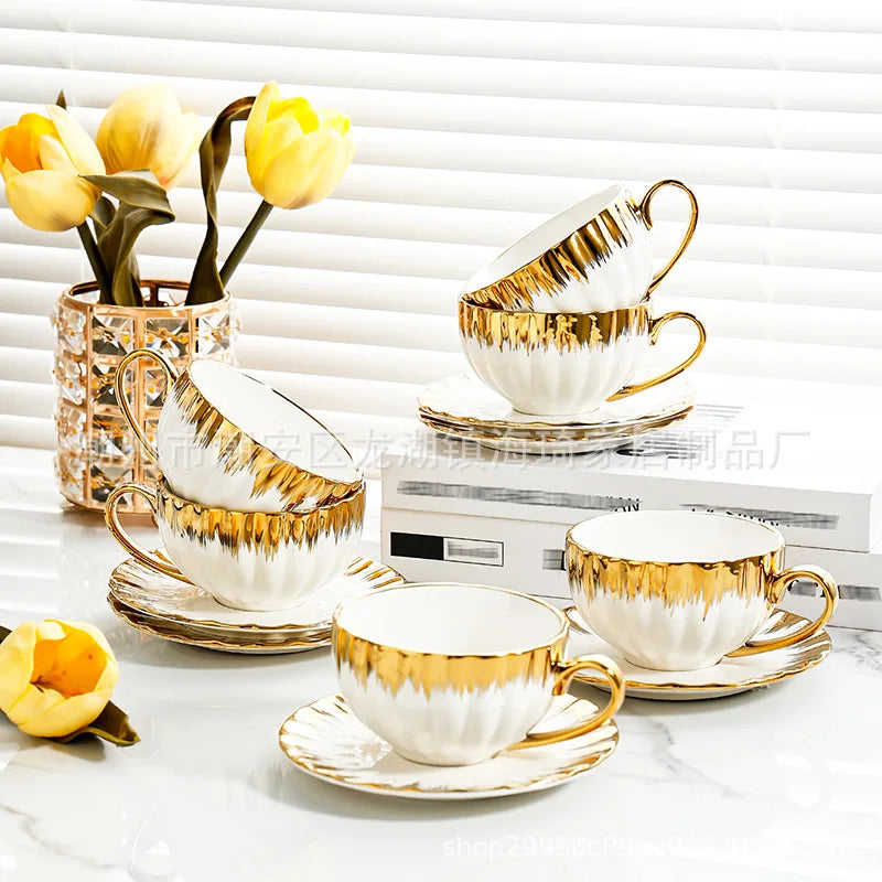 Afralia™ Golden Ceramic Tea Cup Set, Elegant English Afternoon Tea, High Aesthetic Value