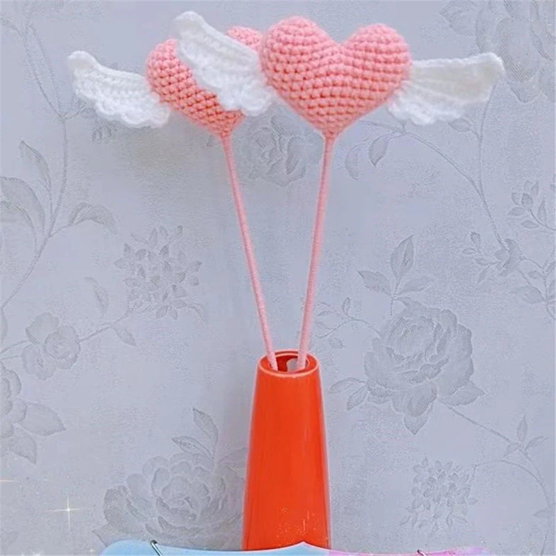 Afralia™ Handcrafted Heart with Wings Crochet Flower Bouquet for Wedding and Home Decor