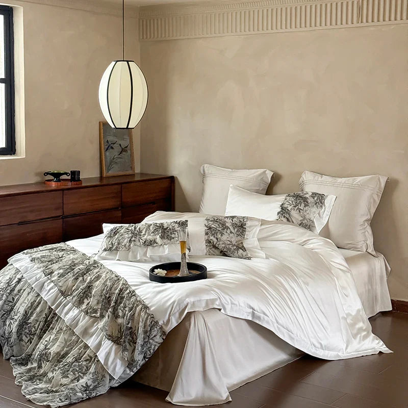 Afralia™ Luxe Lace Ruffles Wedding Bedding Set: Duvet Cover, Bed Sheet, 2 Pillowcases