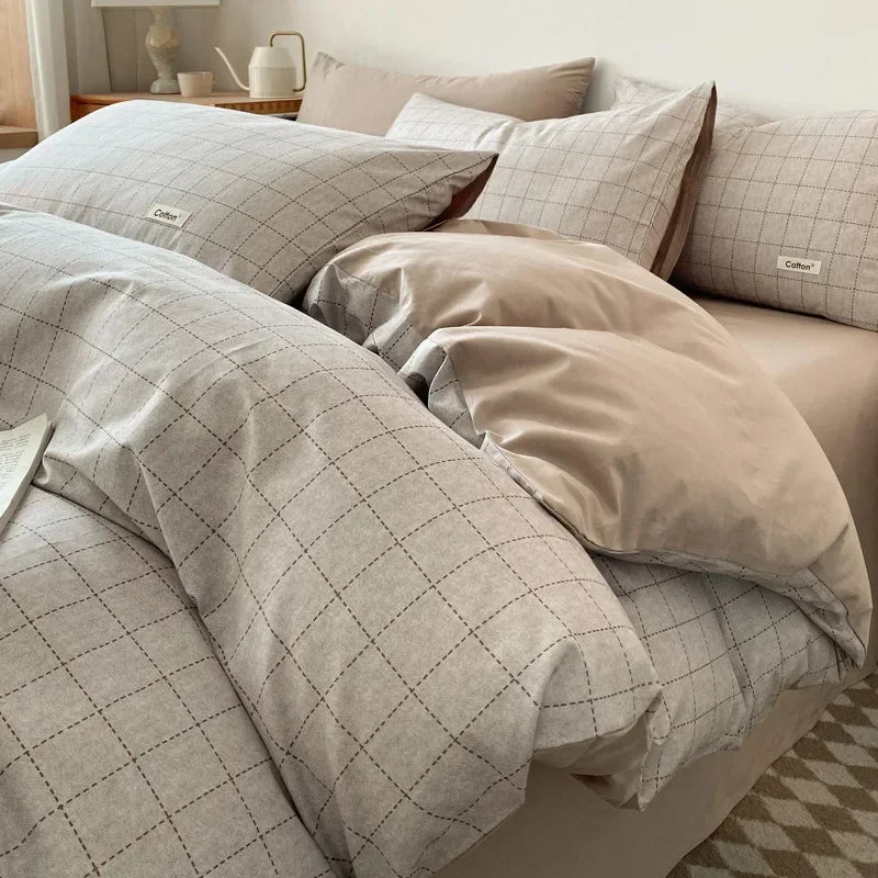 Afralia™ Grid Printed Cotton Fitted Sheet Set - Double-Sided Mix Color Quilt Cover