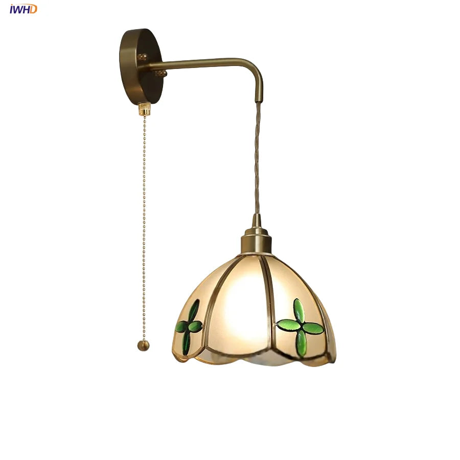 Afralia™ Tiffany Glass LED Wall Sconce Pull Chain Switch Bedroom Foyer Lamp