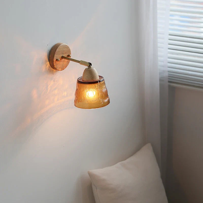 Afralia™ Wood Canopy LED Wall Lights Pull Chain Switch Amber Glass Modern Bedside Sconce