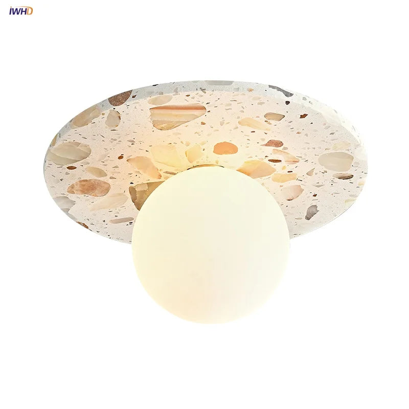 Afralia™ Terrazzo Stone LED Ceiling Light with White Glass Ball - Wabi Sabi Flush Mount