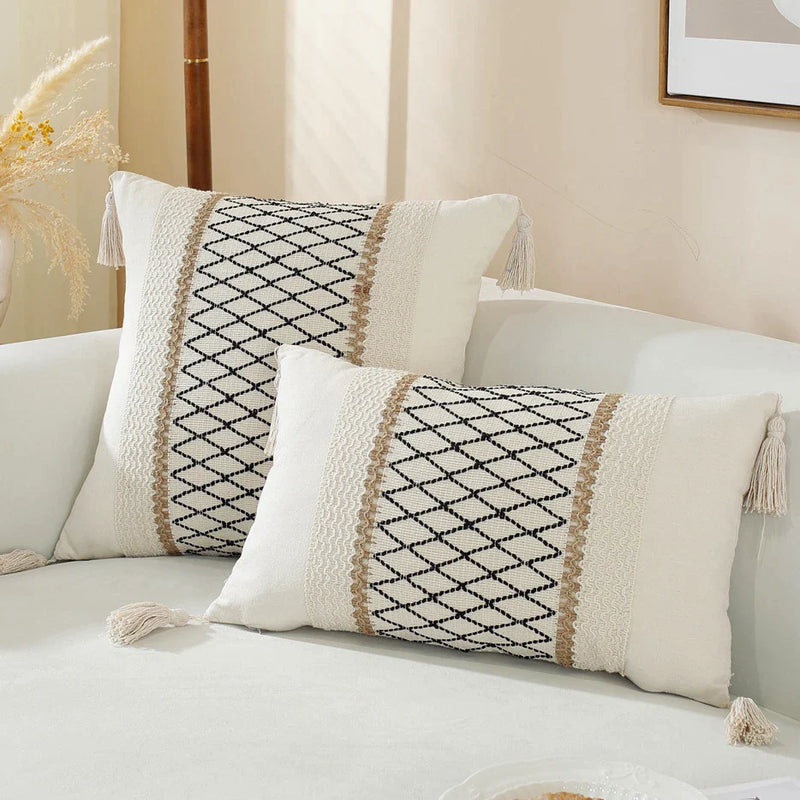 Afralia™ Linen Stripe Diamond Woven Cushion Cover 45x45cm with Tassels