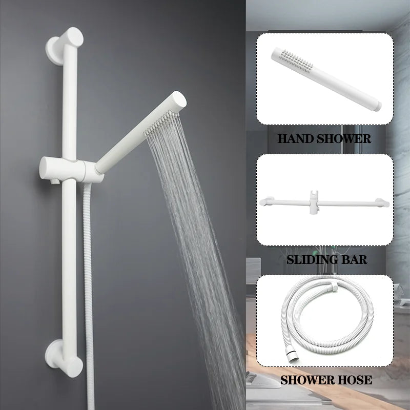 Afralia™ White Sliding Rod Shower Set with Brass Handheld Shower and Stainless Steel Rod