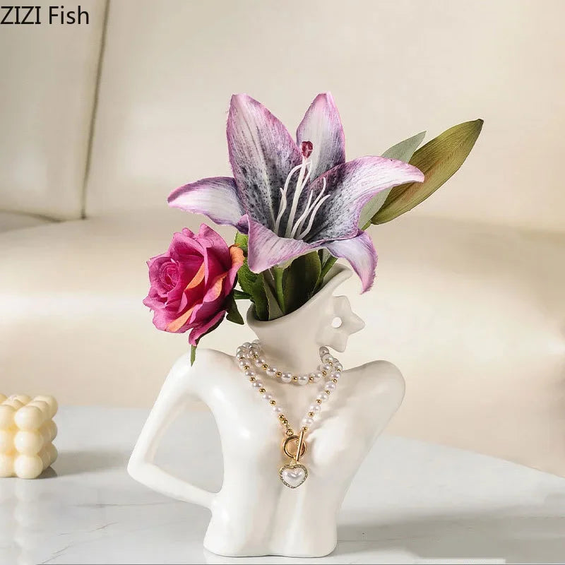 Afralia™ Elegant Dames Ceramic Vase Figure Flower Pot Desk Decoration Room Decor