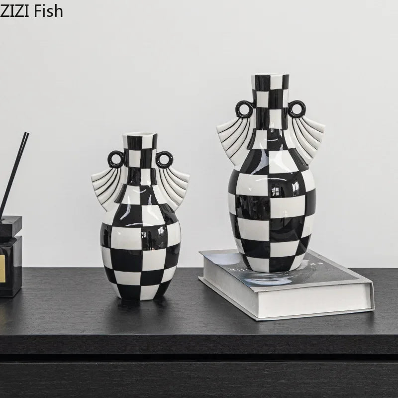 Afralia™ Checkered Pattern Ceramic Vase: Geometric Table Decor for Flowers & Room Aesthetic