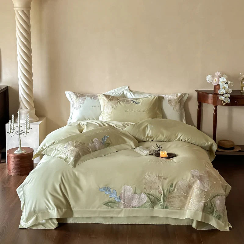 Afralia™ Luxury Flowers Embroidery Bedding Set Cream White 1000TC Egyptian Cotton Princess Suite