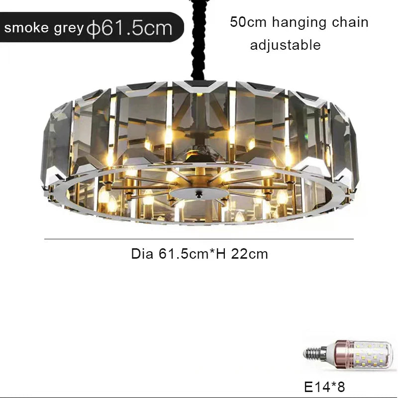 Afralia™ Smoke Grey LED Pendant Light for Living Room - Amber Crystal Lustre Chandelier