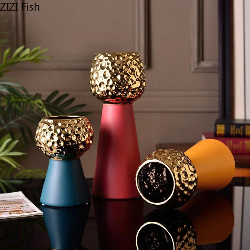 Afralia™ Gold Hammer Pattern Ceramic Vase: Creative Plant Pot for Table Decoration and Floral Arrangement