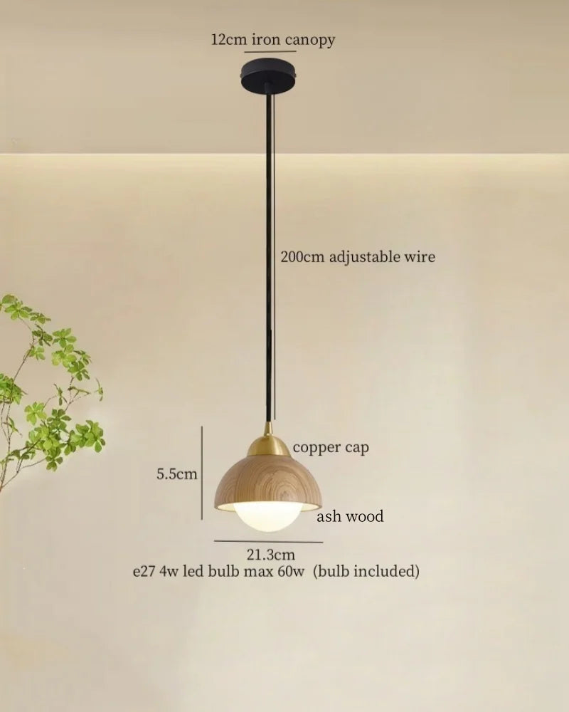 Afralia™ Japanese LED Pendant Light Vintage Style Wood Copper Hanging Lamp