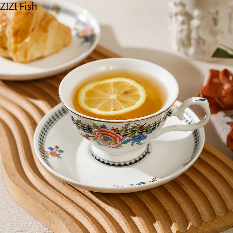 Afralia™ Peony Wreath Porcelain Coffee Mug Set - Elegant Tableware for Afternoon Tea