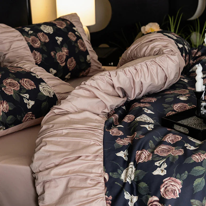 Afralia™ Vintage Rose Print Ruffles Bedding Set: 800TC Egyptian Cotton, Duvet Cover, Sheet, Pillowcases