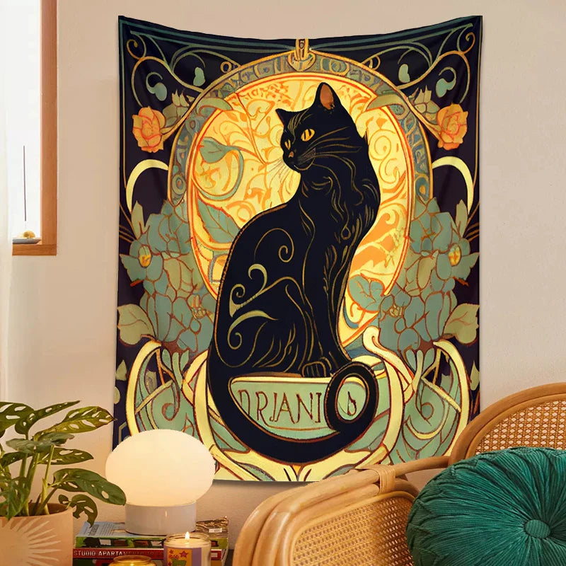 Afralia™ Black Cat Tapestry Wall Hanging Art Nouveau Floral Boho Decor