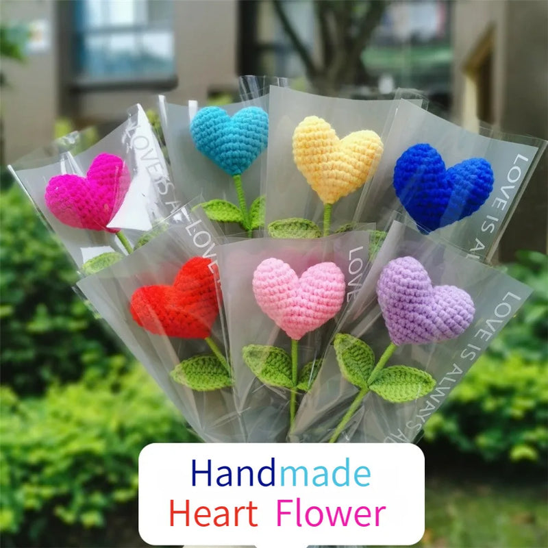 Afralia™ Hand Woven Love Heart Yarn Crochet Flower Bouquet with Green Leafy Branch