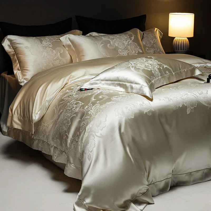 Afralia™ Silk Jacquard Cotton Luxury Bedding Set with Duvet Cover, Sheets & Pillowcases