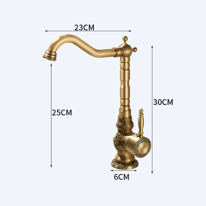 Afralia™ Antique Carved Brass Bathroom Sink Faucet Hot & Cold Mixer Deck Mounted Tap