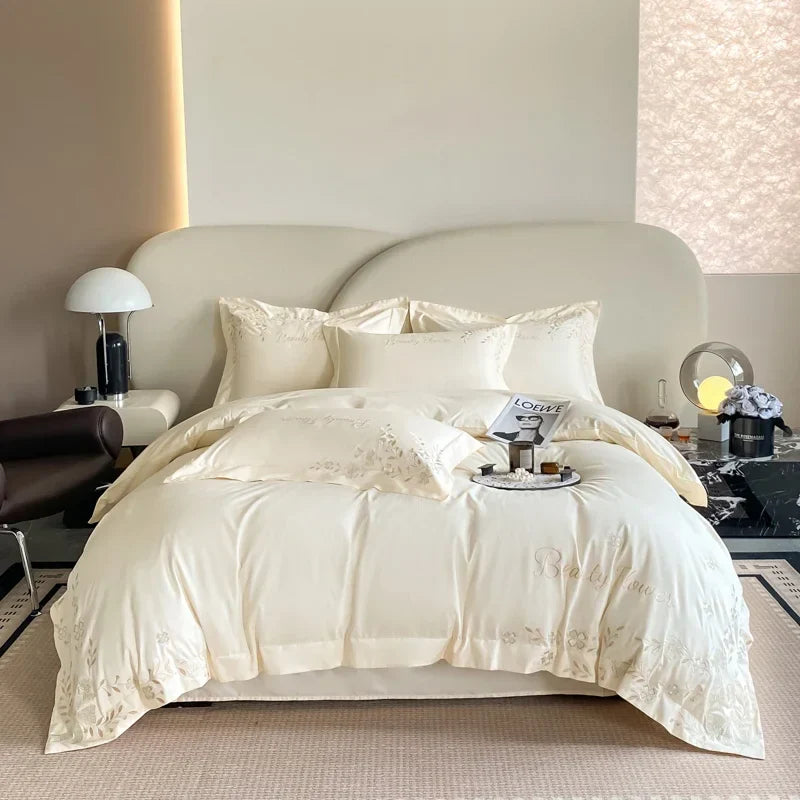 Afralia™ Embroidery Cotton Bedding Set: King Queen Europe Sheet Duvet Cover Pillowcase Bed Linens