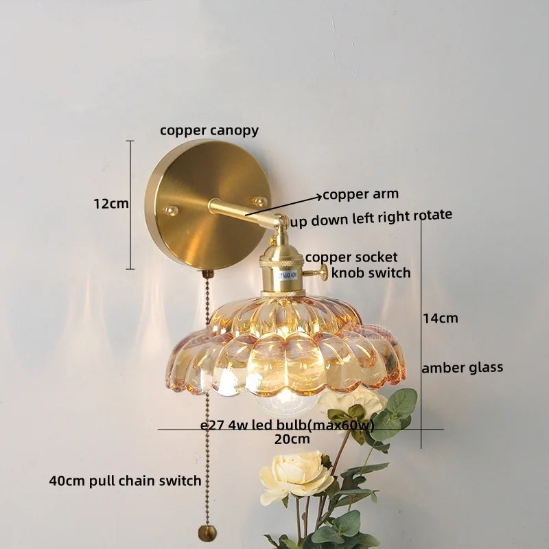 Afralia™ Nordic LED Wall Lights Pull Chain Switch Copper Glass Home Decor