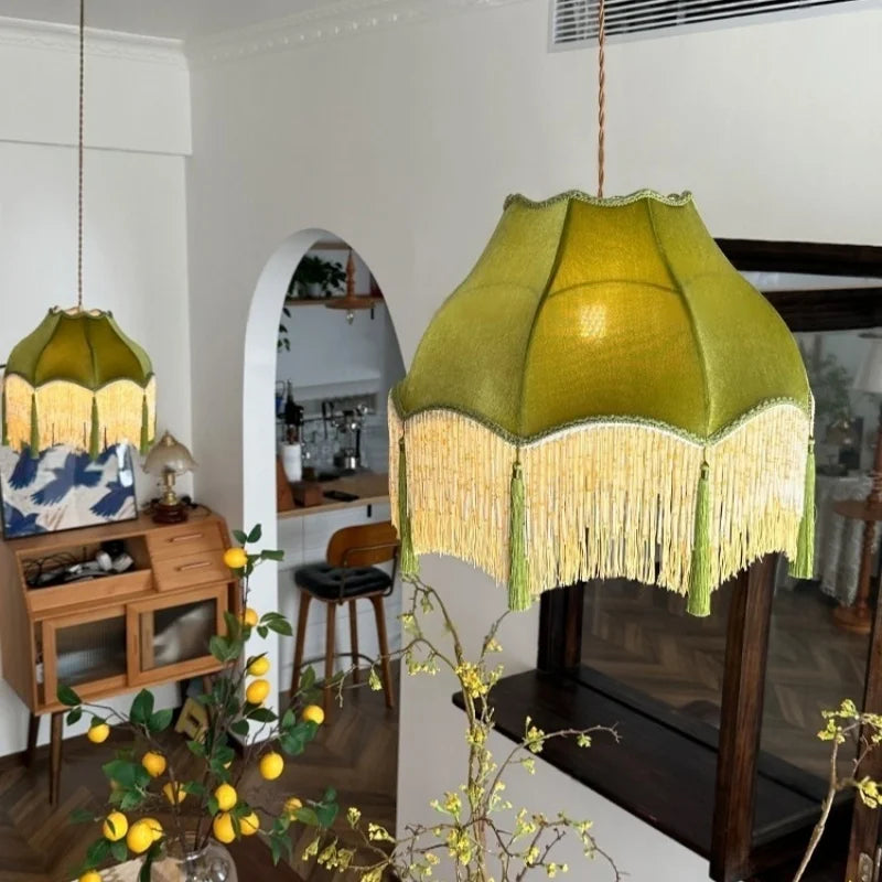 Afralia™ Green Tassel LED Pendant Light - American Vintage Hanging Lamp for Home and Café.