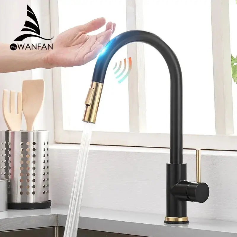 Afralia™ Brushed Gold Smart Sensor Kitchen Faucet, Dual Outlet, Single Handle