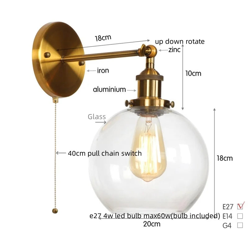 Afralia™ Glass Globe LED Wall Sconce Modern Industrial Rustic Vintage Bedside Lamp