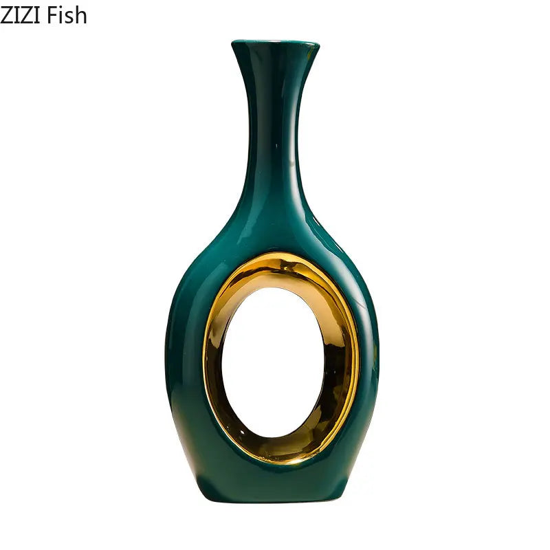 Afralia™ Gold Ceramic Vase with Artificial Flowers | Table Decoration | Room Aesthetic Decor