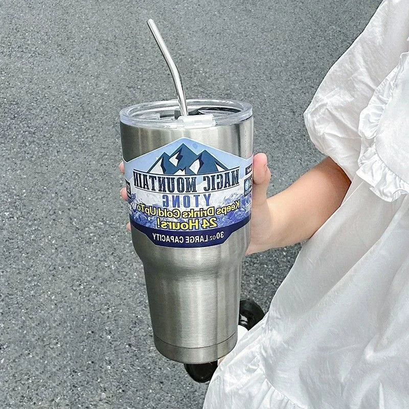 Afralia™ Freeze Thermos Bottle Straw Stainless Steel Tumbler 30oz - Ice Mountain Cup