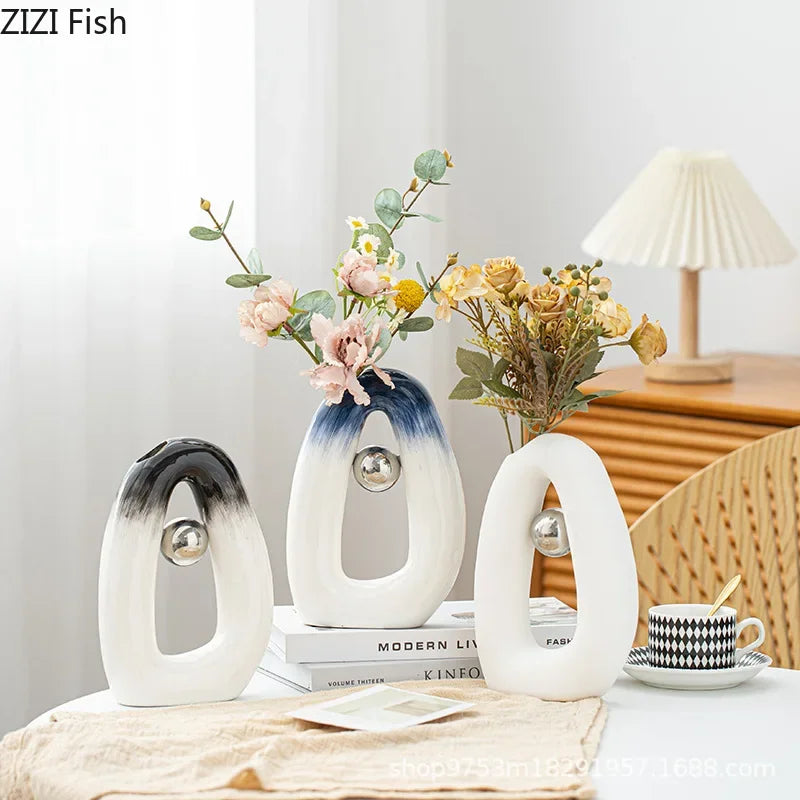 Afralia™ Silver Ball Ceramic Vase for Desk Decor with Artificial Flowers