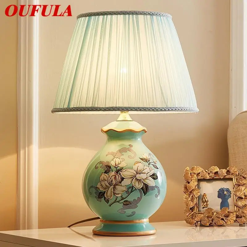 Afralia™ Luxury Ceramic Flower Pattern LED Table Lamp for Home Living Room and Bedroom