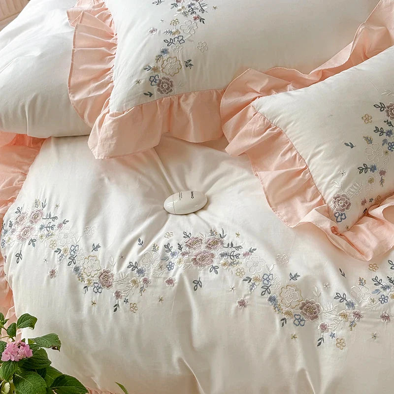 Afralia™ Korean Princess Lace Ruffles Flowers Embroidery Bedding Set with 100% Cotton Quality.