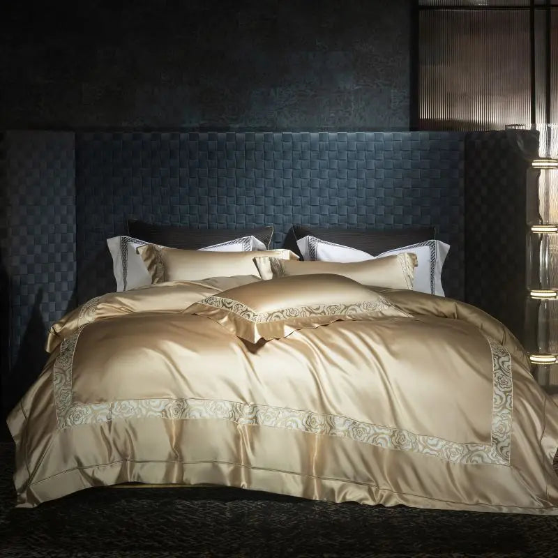 Afralia™ Satin Brocade Luxe Embroidery Bedding Set Champagne Cotton Duvet Cover Bed Sheet Pillowcases