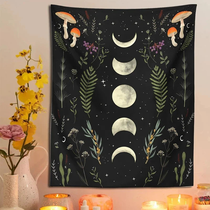 Moon Phase Mushroom Botanical Tapestry by Afralia™ for Boho Home Decor