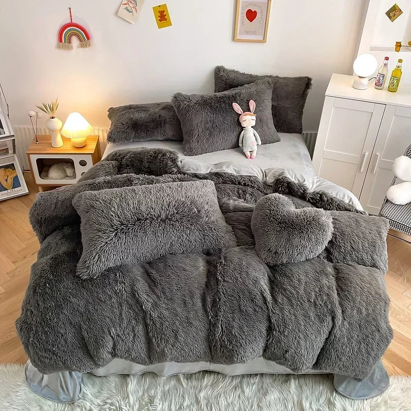 Afralia™ Fluffy Faux Fur Bedding Set: Duvet Cover, Sheet, Pillowcase - Soft & Warm