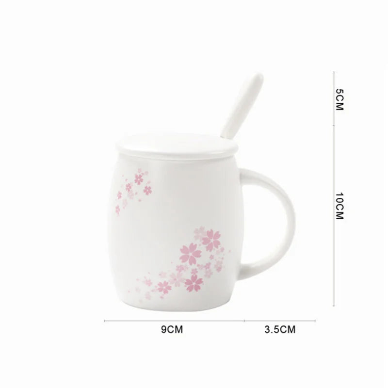 Afralia™ Cherry Blossom Ceramic Coffee Mug with Lid and Spoon