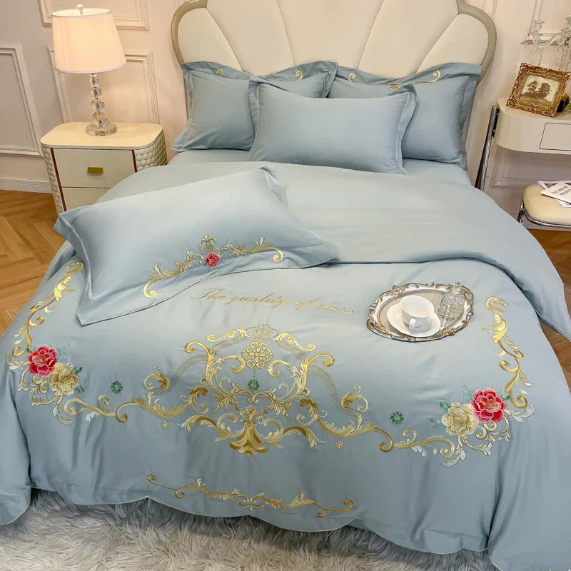 Afralia™ Floral Embroidery Luxury Bed Set - Queen/King Duvet Cover, Sheet, Pillowcases