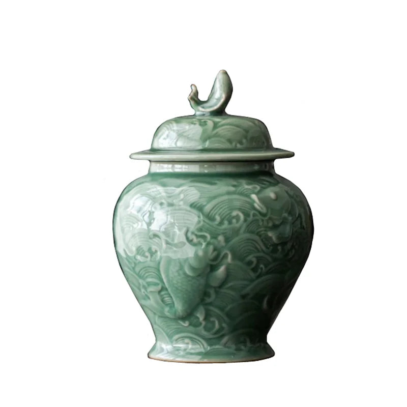 Afralia™ Fish Relief Celadon Tea Pot Porcelain Jar Decor Storage Tank