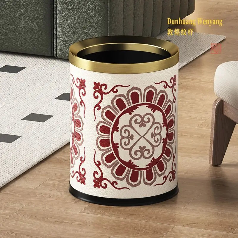 Afralia™ Leather Trash Bin Gold/Silver Metal Large Capacity for Home & Hotel