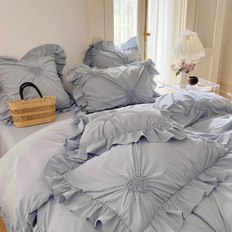Afralia™ Korean Princess Style Pure Cotton Bedding Set with Ruffles and Heart Pleat