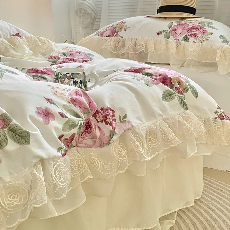 Afralia™ Vintage Rose Floral Double Layer Lace Ruffles 100% Cotton Bedding Set