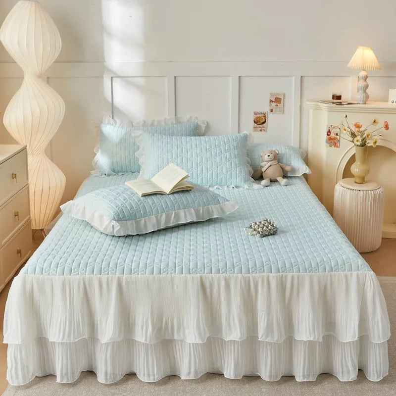 Afralia™ Lace Ruffles Cooling Bed Skirt Set with Pillowcases