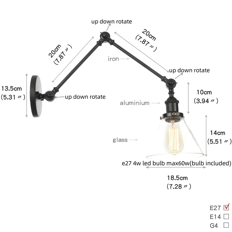 Afralia™ Industrial Loft Swing Arm Wall Sconce Clear Glass Pull Chain Switch Bedside Lamp