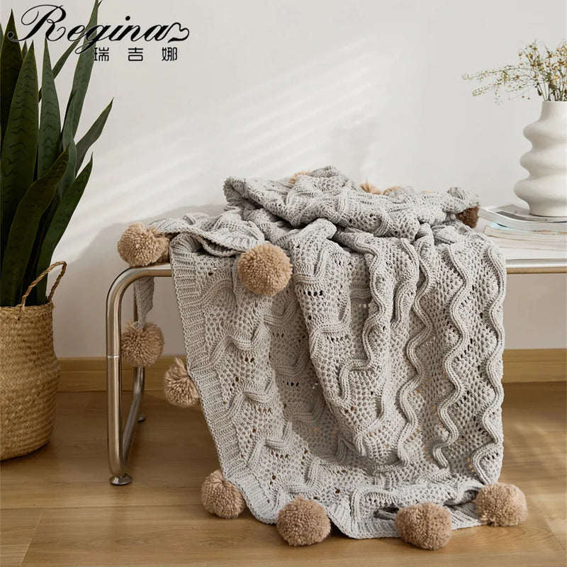 Afralia™ Elegant Chenille Pompons Throw Blanket