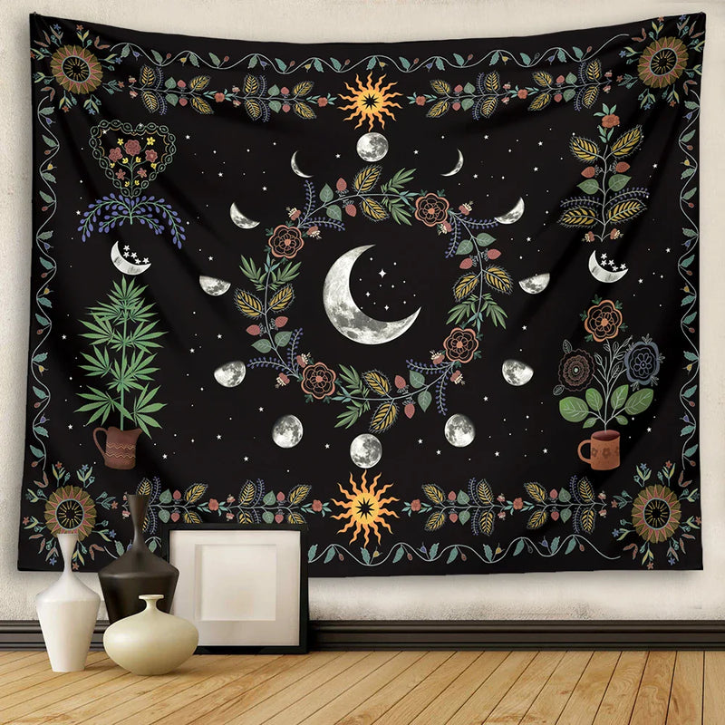 Afralia™ Celestial Moon Phase Floral Tapestry Wall Hanging