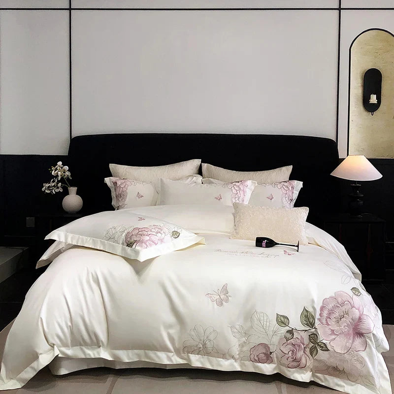 Afralia™ Butterfly Flowers Embroidery 600TC Egyptian Cotton Bedding Set: Duvet Cover, Bed Sheet, Pillowcases