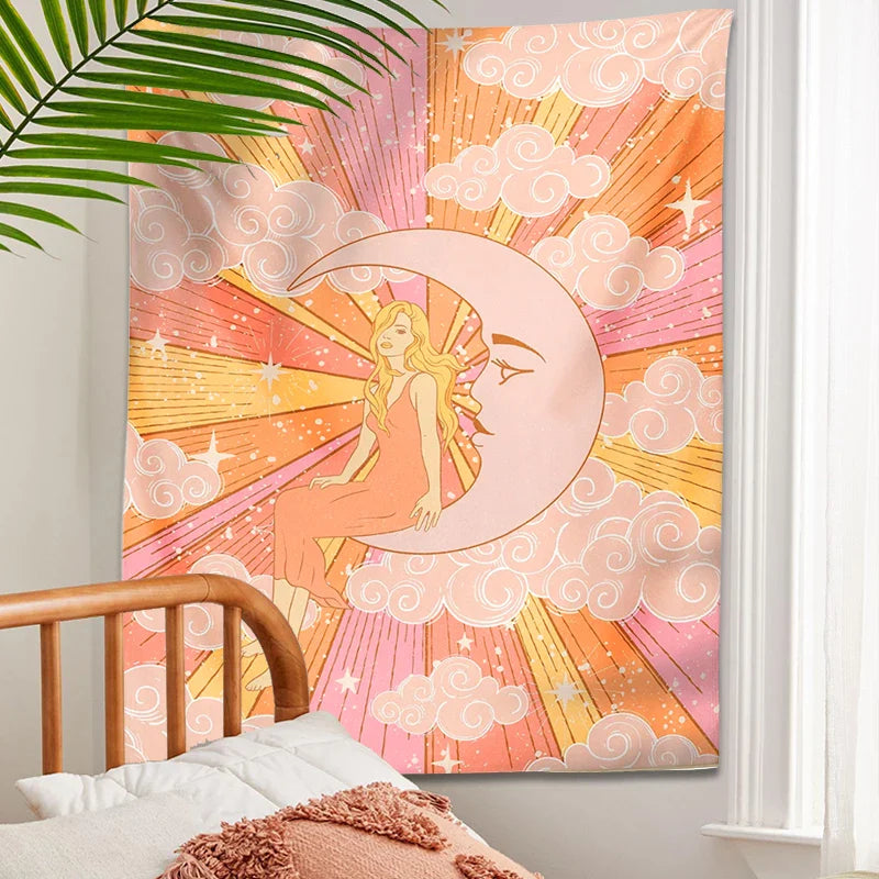 Celestial Moon Goddess Sun Tapestry for Retro Psychedelic Home Decor by Afralia™