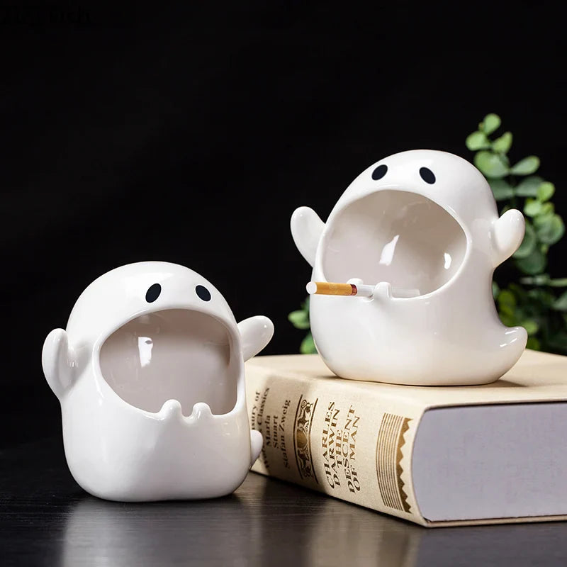 Afralia™ Ghost Genie Halloween Dolls Porcelain Ashtray Cigar Ceramic Desk Decorations