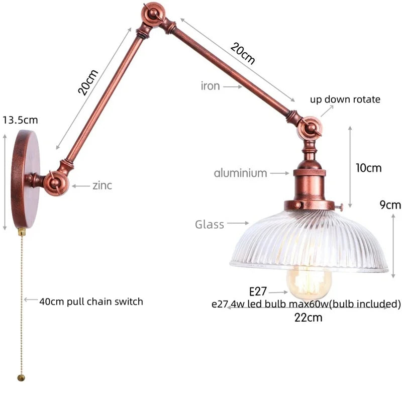 Afralia™ Adjustable Glass Swing Arm LED Wall Sconce with Pull Chain Switch