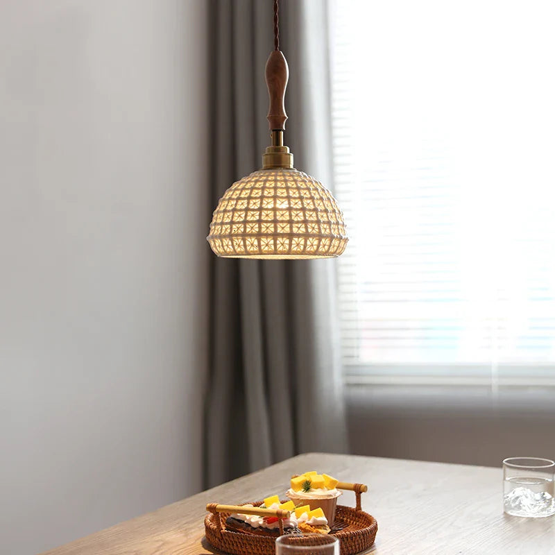 Afralia™ Ceramic LED Pendant Lights with Vintage Ash Wood Handle for Home Decor